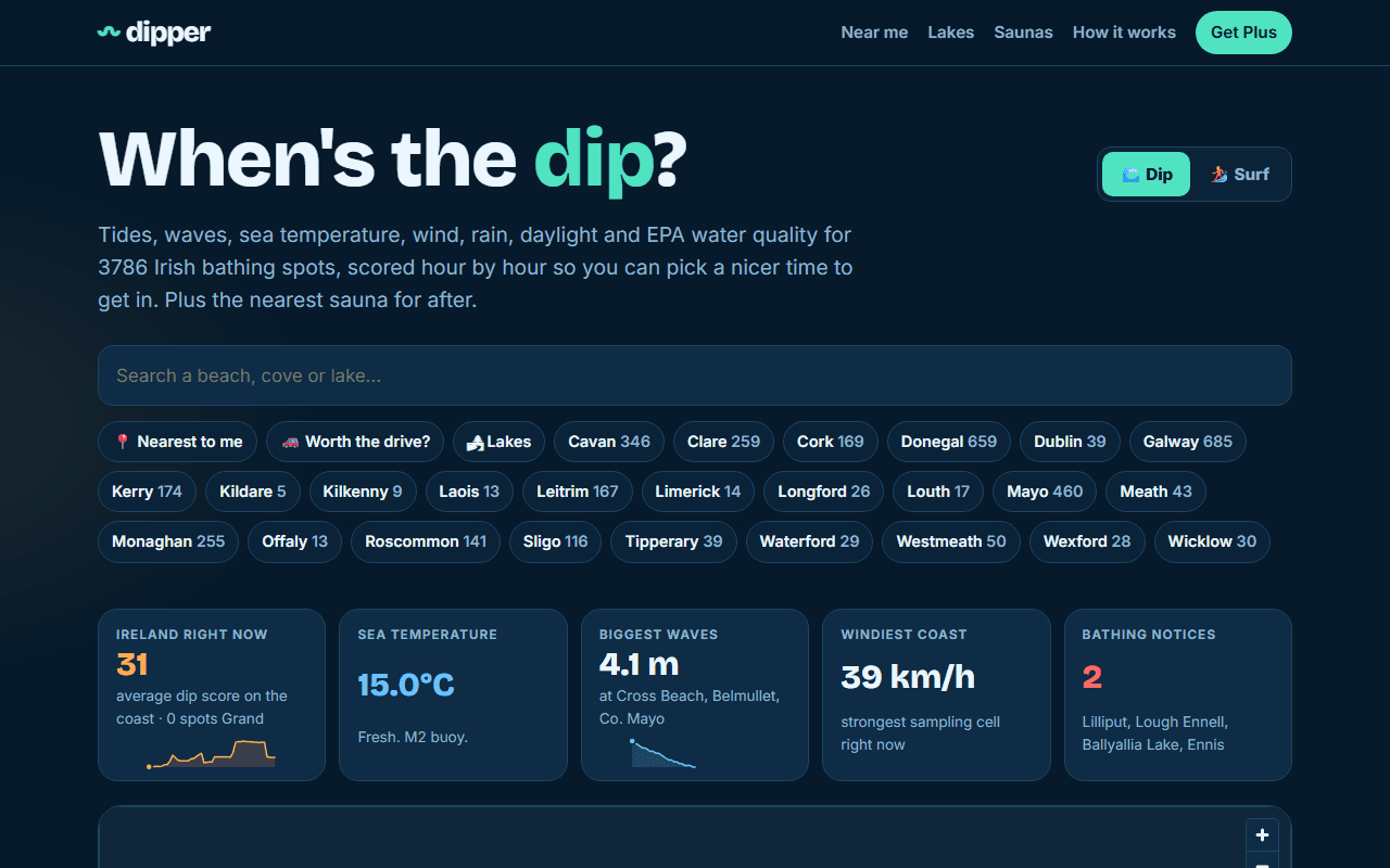 Dipper: product from 2026 by Steven. Next.js, Open data, Railway.