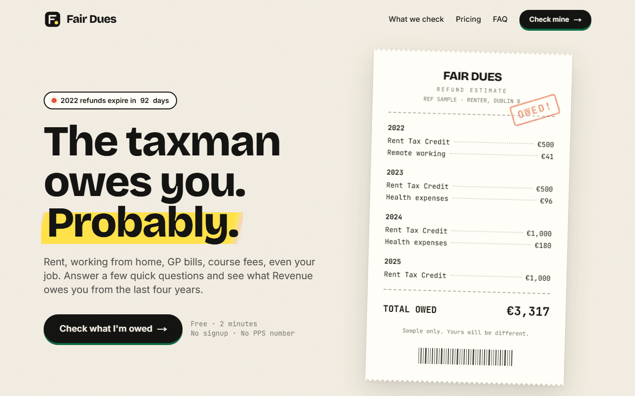 Fair Dues: tool from 2026 by Steven. Next.js, Irish tax rules.