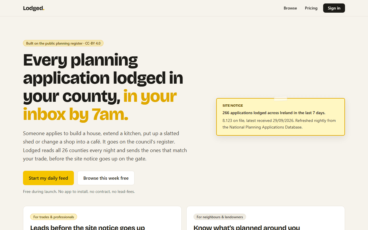 Lodged: product from 2026 by Steven. Next.js, Public register, Stripe.