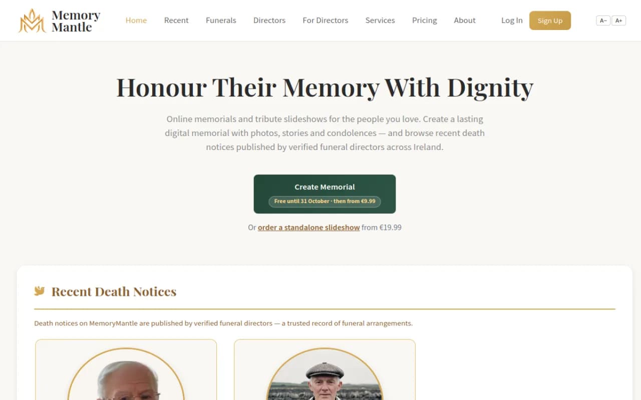 MemoryMantle: web app from 2026 by Steven. Next.js, Postgres, Stripe, Cloudflare R2.