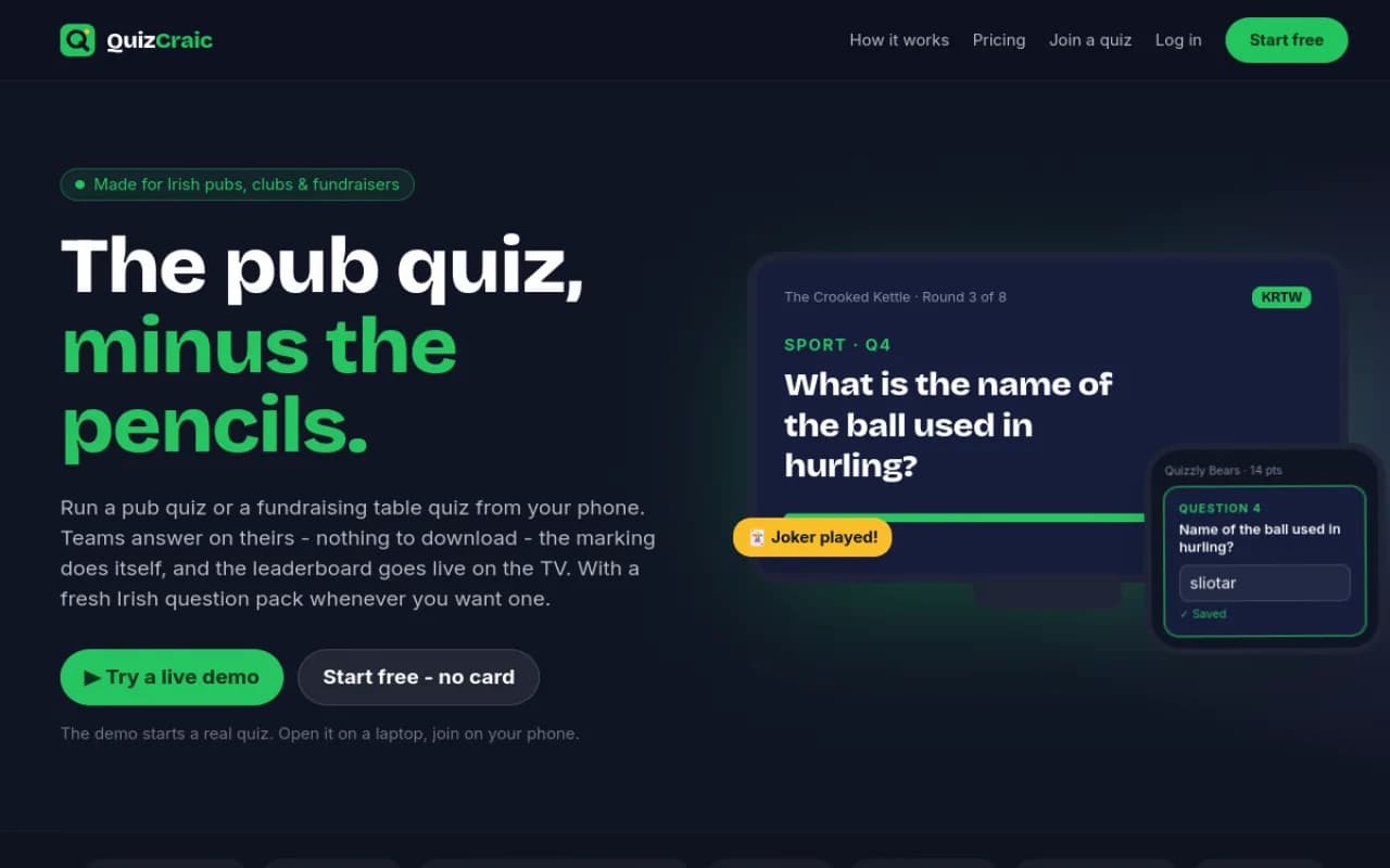 QuizCraic: product from 2026 by Steven. Next.js, Realtime, Railway.